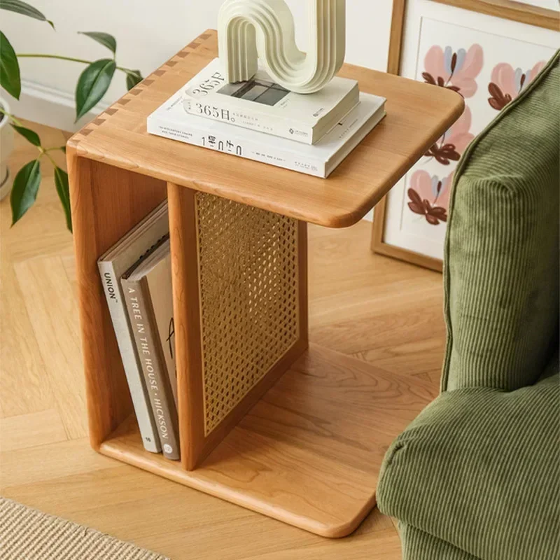 Solid Wood Side Table Removable Cherry Wood Rattan Retro Furniture Japanese Table Small Coffee Table Sofa Side Cabinet