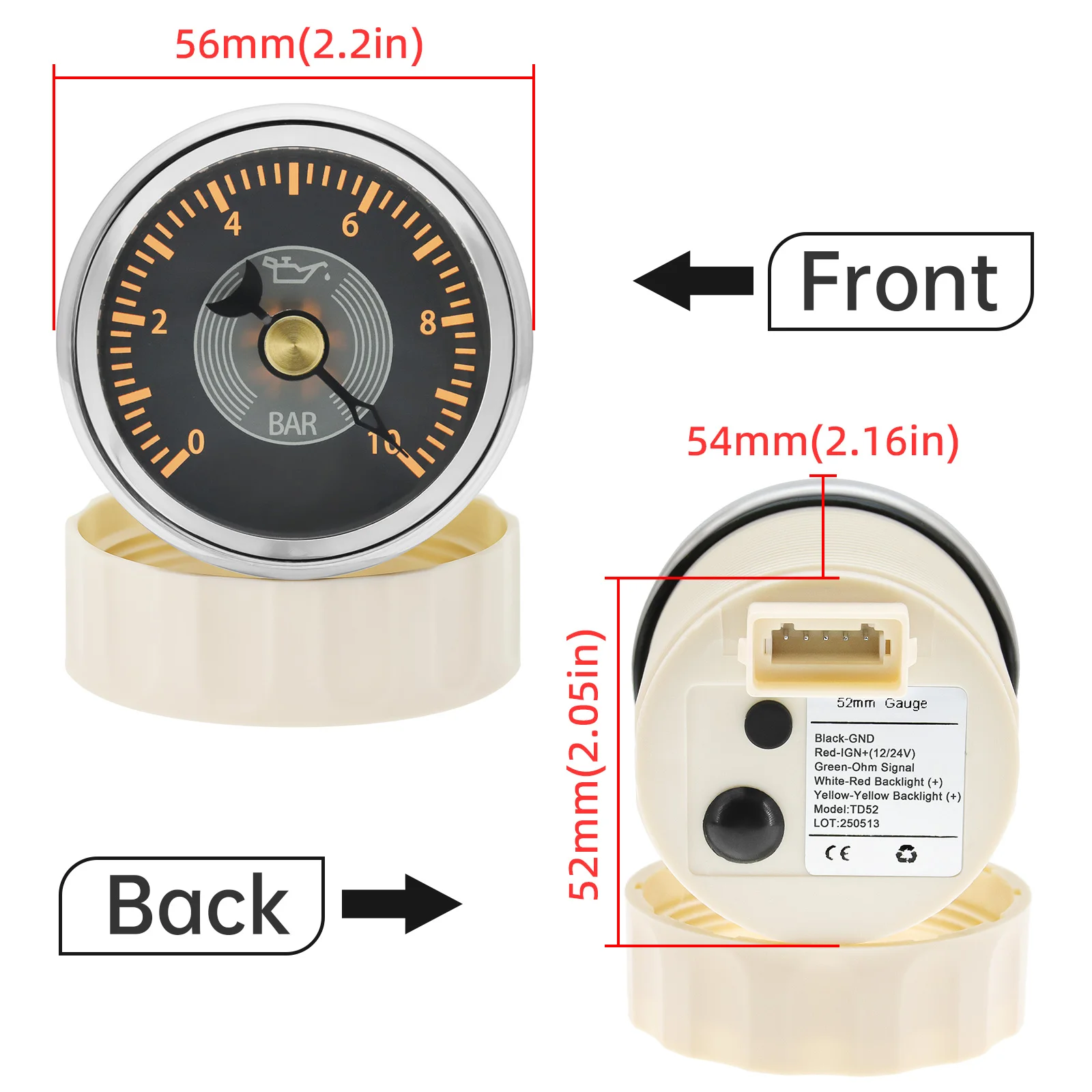 52mm Oil Pressure Gauge 0-10Bar Oil Press Meter Voltmeter Water Temp Fuel Level Vintage Gauge for Auto Car Boat Yacht Custom
