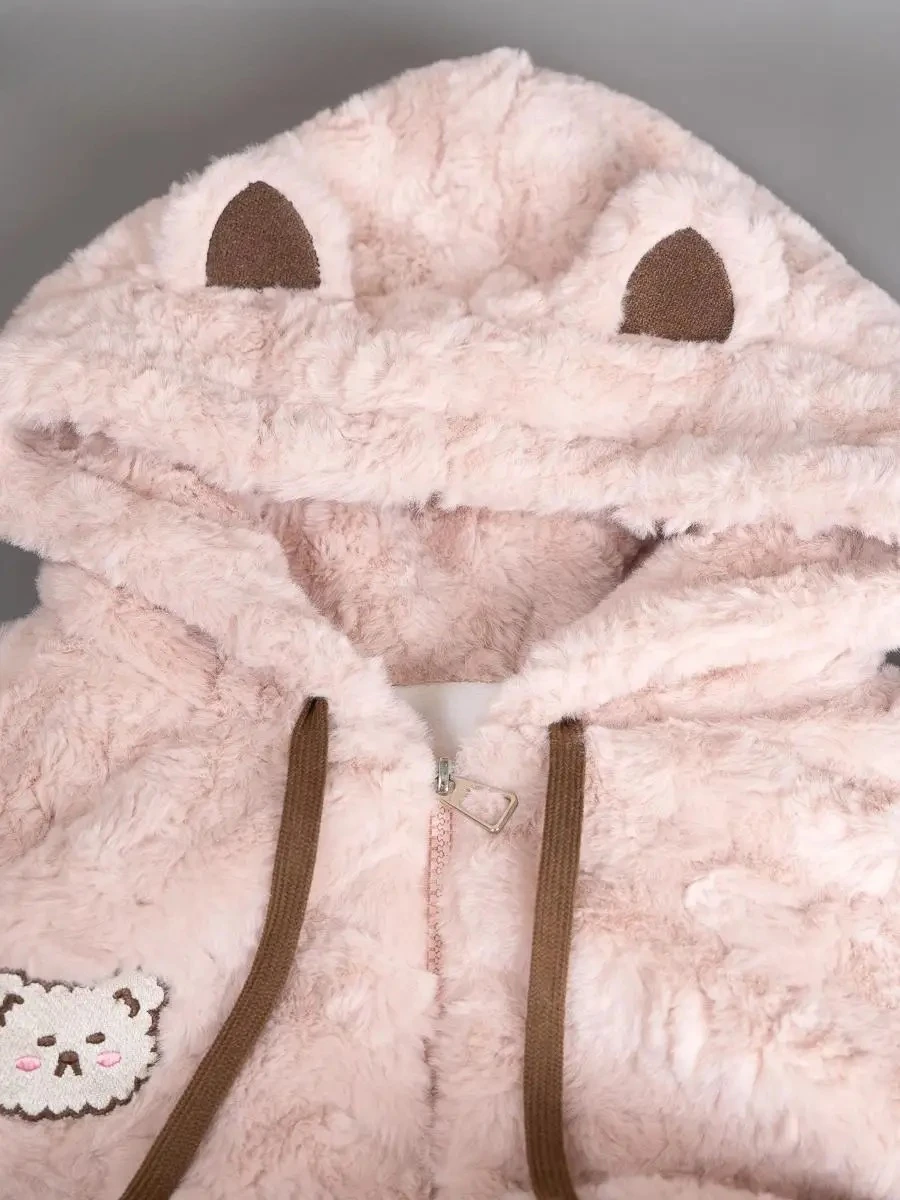 

Cute Hooded Fleece-Lined Thick Loose Plush Coat Sweet Female Student Winter New Versatile White Long Sleeve Zipper Jacket