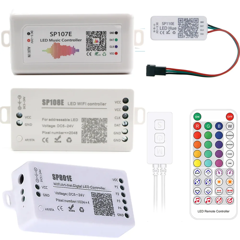 

WS2812B WS2811 LED Strip Light Bluetooth/Music/WIFI/USB Pixels Controller SP107E SP108E SP110E SP611E SP801E SP002E DC5V-24V
