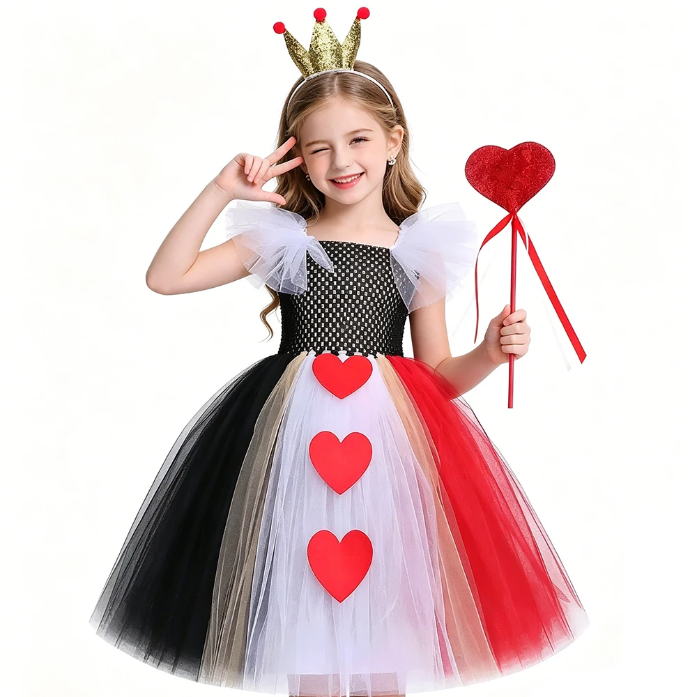 

Girls Alice Red Queen Long Tutu Dress Kids Halloween Christmas Costume with Crown & Heart Wand Full Length Party Disguise Outfit