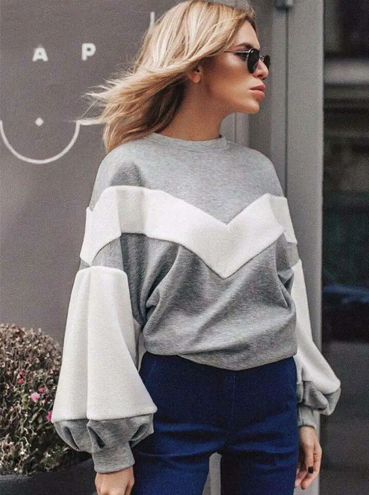 

Europe Style Hot Sales Lantern Sleeve Pullover Woman Sweatshirt Chic Color Block O-neck Casual Female Hoodies