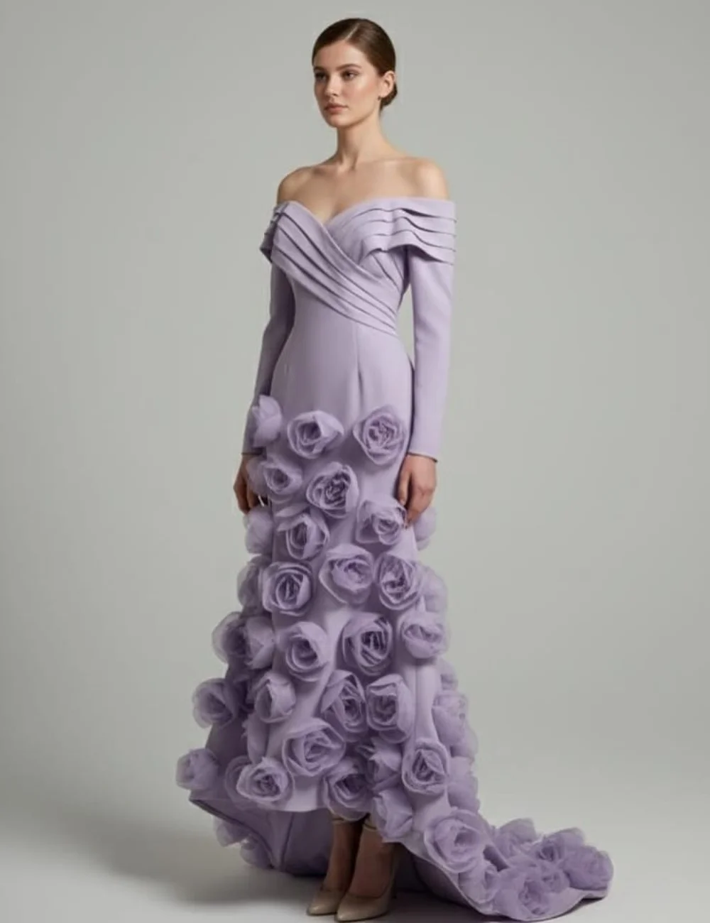 

Customized Elegant Jersey Pleat Handmade Flower Trumpet Off-the-shoulder Long Dresses Bespoke Occasion Dresses Exquisite