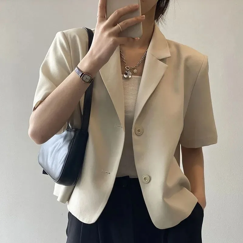 Biyaby Short Sleeve Blazers Woman Spring Summer Solid Color Single Breasted Suit Jacket Women Korean Simple Classic Coat Ladies