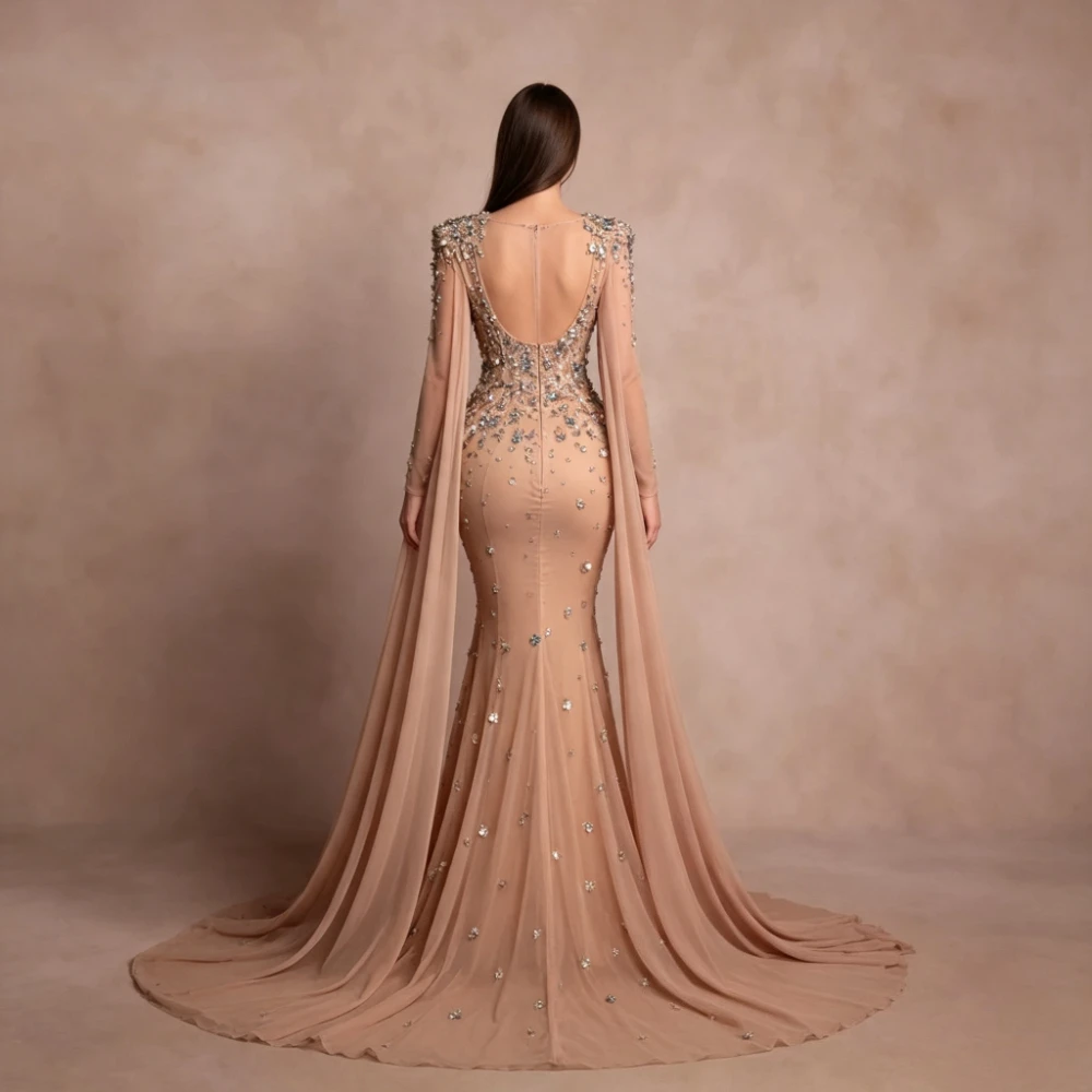 Exquisite Mermaid Evening Dress Handmade Crystal O Neck Prom Gowns Luxury Long Sleeve Floor-Length Party Dresses Customized image 4