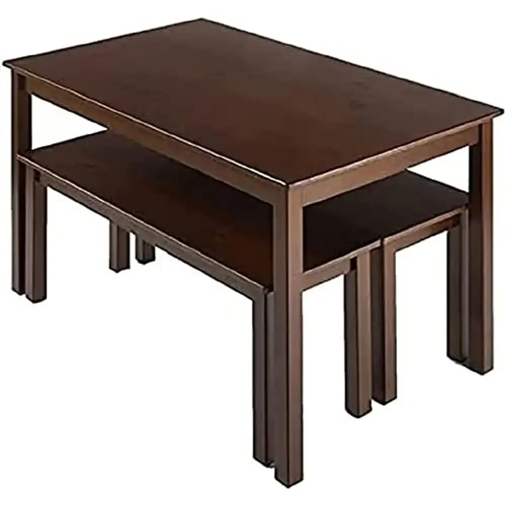 Solid Wood Espresso Dining Table Set Includes Two Benches 3 Piece Dining Set