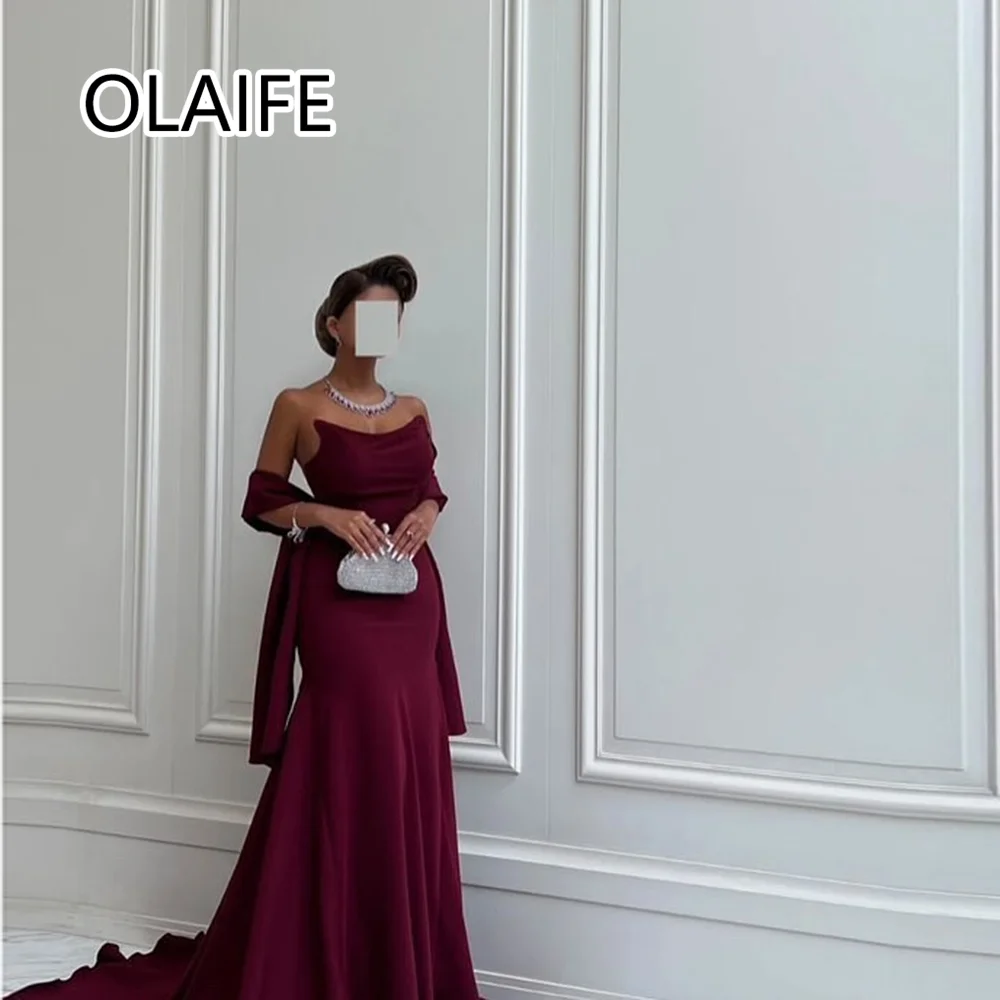 

Customized Strapless Satin Pleated Sexy Sheath Open Back Court Evening Bridesmaid Dress Sheath Court Cape Prom Party Gown