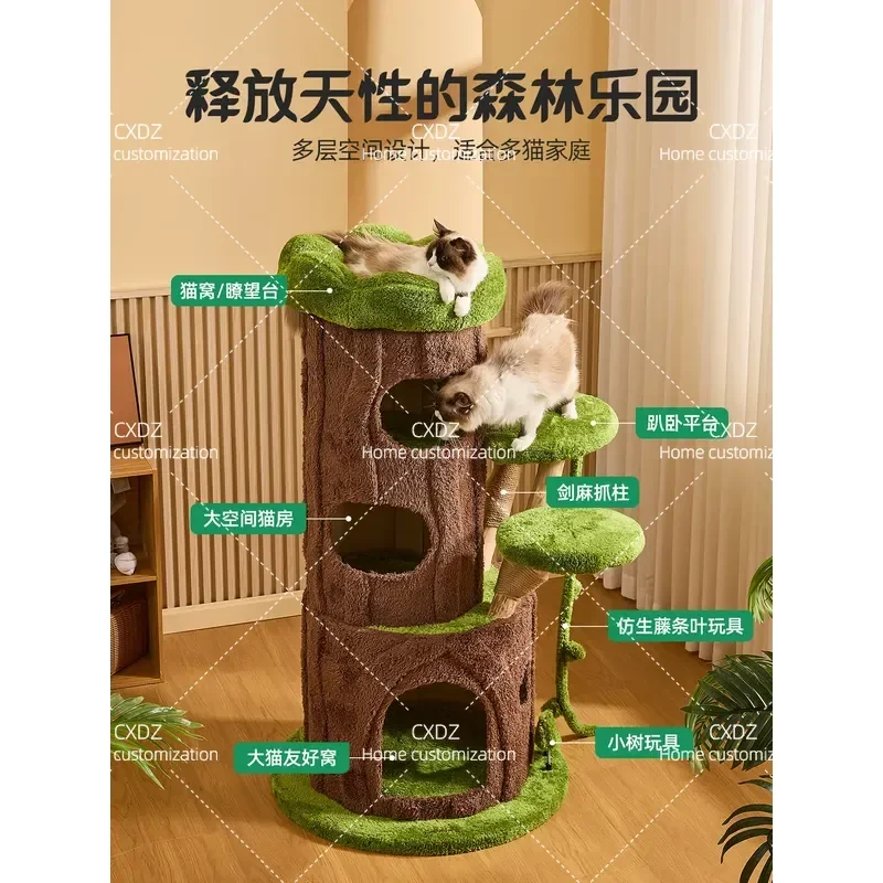Solid Wood Cat Climbing Frame with Sisal Scratching Post and Cozy Nest Space Saving Jungle Style Cat Tree for Small