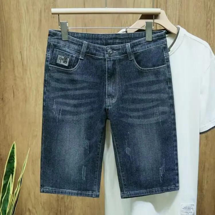 

Эластичные повседневные джинсовые мужские летние тонкие брюки с пятью очками со средней талией, модные брендовые повседневные модные джинсы большого размера