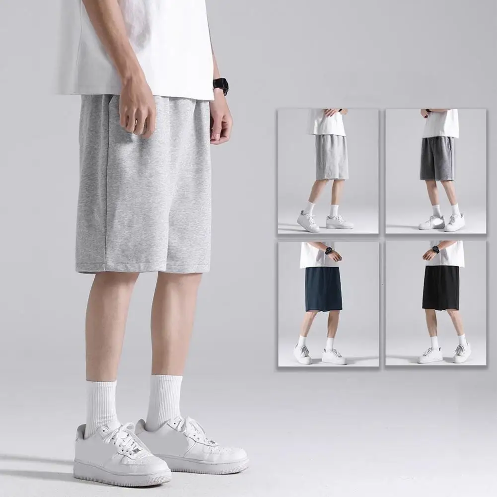 

Men Sport Pants With Pockets Loose Drawstring Elastic Waist Knee Length Shorts Solid Color Jogging Gym Pants Exercise Outings