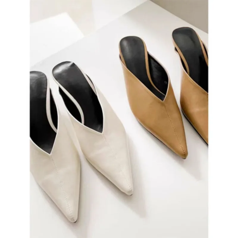 Pointed Leather Short Heel Muller Slippers 5cm Thin Heel White Sandals 35-43 Casual Women\'s Feet Sandals V-shaped Skirt Slippers