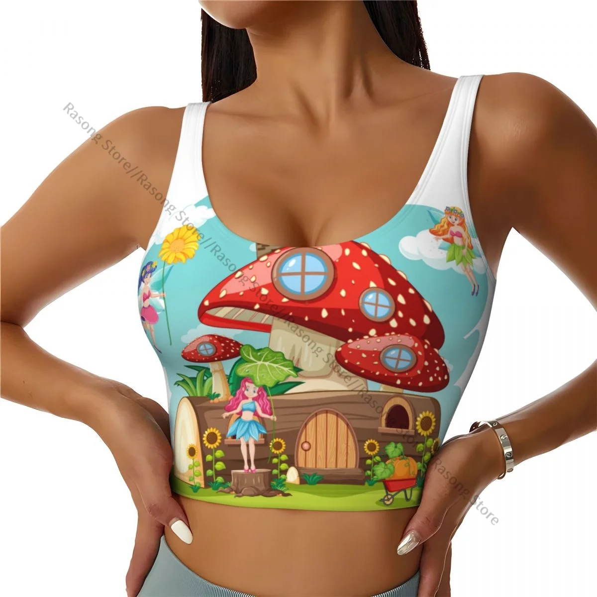 Yoga Vest Women Gym Sports Crop Tops Fairy Tales Mushroom Timber House Streetwear Workout Breathable Tank Top Female