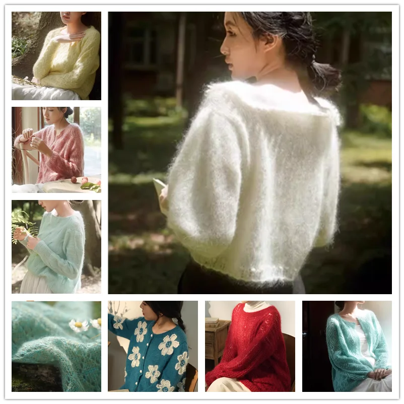 

Ladies Women Autumn Winter Clothes Vintgae Flower Hairy Mohair Wool Knitted Long Sleeve Loose Cardigans Sweater Jacket Pull Tops