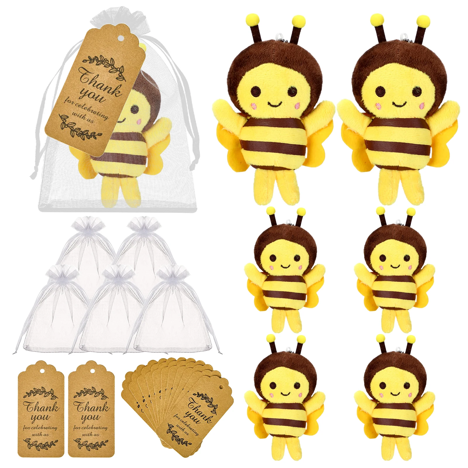 15pcs Baby Shower Stuffed Bee Keychain with Organza Bags Tags Rope Cute Party Favor Gender Reveal Party Decor Souvenirs