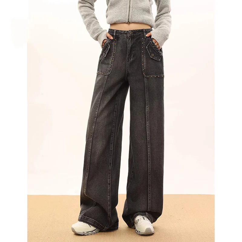 

WCFCX STUDIO Baggy Jeans Women 2023 New Fashion Vintage High Waisted Jeans Streetwear Straight Full Length Wide Leg Jeans