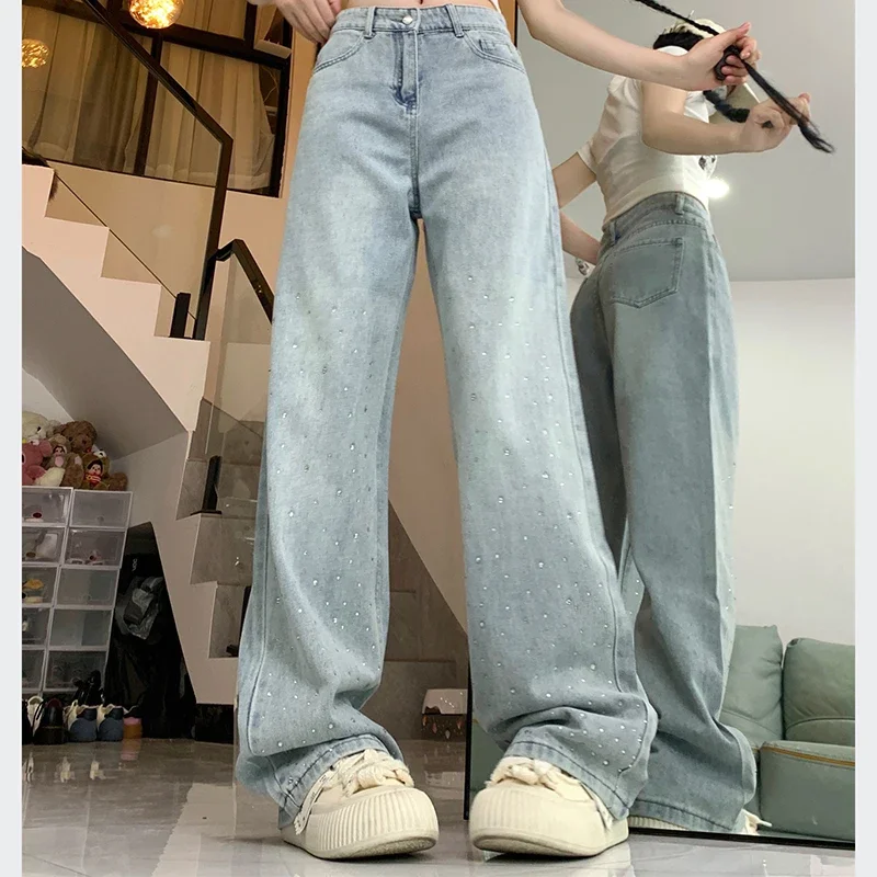 Women Designer Straight Leg Denim Pants Lady Bling Sequins Loose Comfortable Wide Leg Jeans Girls y2k 2000s Light Blue Trousers