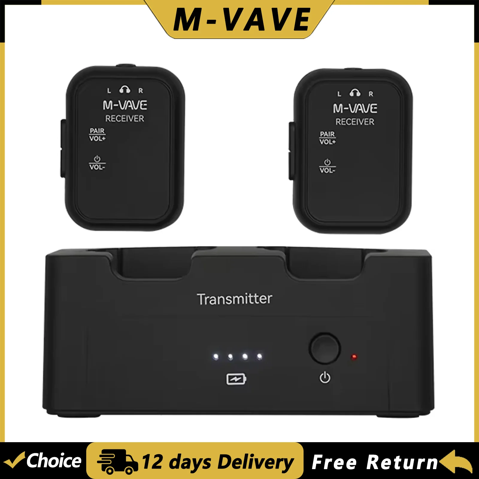 M-VAVE WP-12 2.4G Wireless Earphone Monitor Audio System Rechargeable 1 Transmitter 2 Receiver Transmission Stereo Mono Recorder