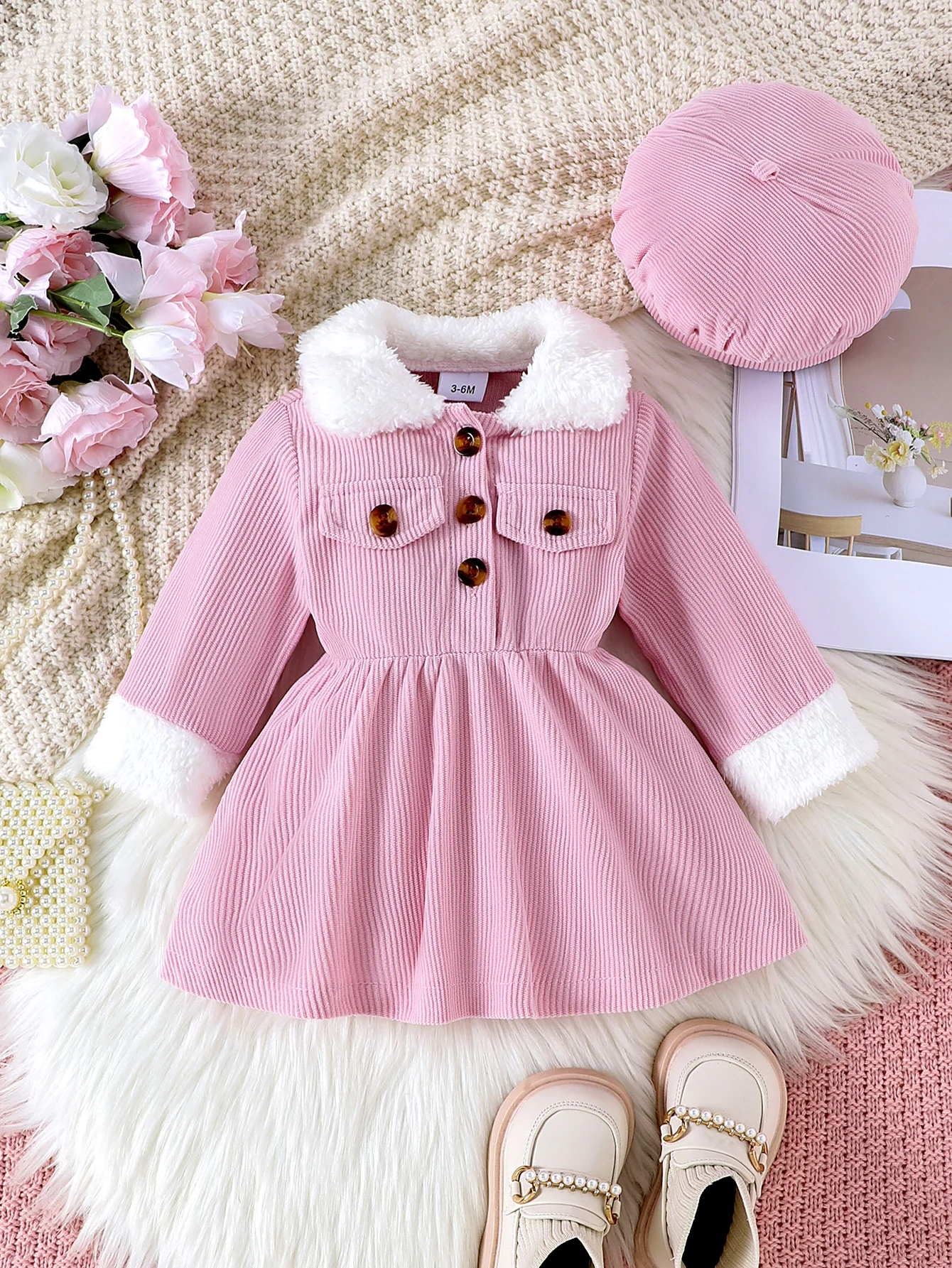 2PCS Winter New Style For Girls Aged 0-3, Comfortable Foreign Style, Sweet Fluffy Stitching Pink Dress + Hat