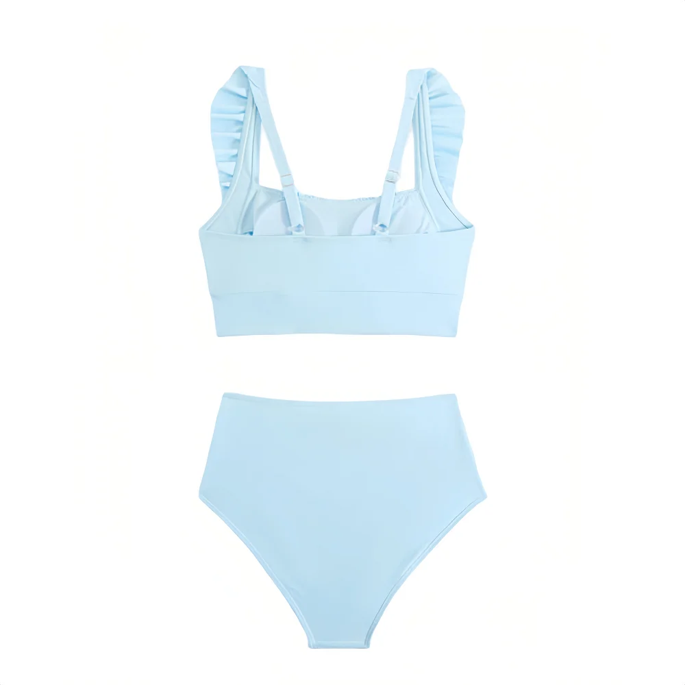 2025 Sommer Damen Badeanzug 3-teiliges Set Hellblau Rüschen Bikini Blumen Cover Up Kleid Beachwear Badeanzug mit hoher Taille