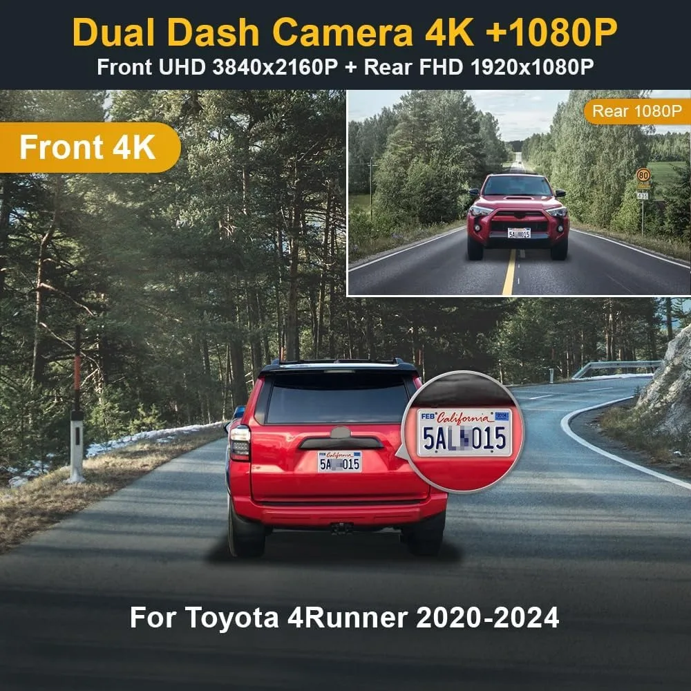 Front 4K+Rear 1080P Dash Cam for 2020-2024 Toyota 4Runner TRD Sport Limited Pro Off-Road Venture SR5 Premium, OEM Look