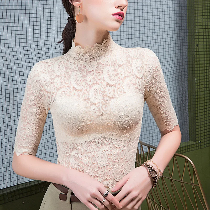 Boweylun New Lace Mid-sleeve T-shirt Female Summer Stand Collar Mesh Five-Point Sleeve Tops Women