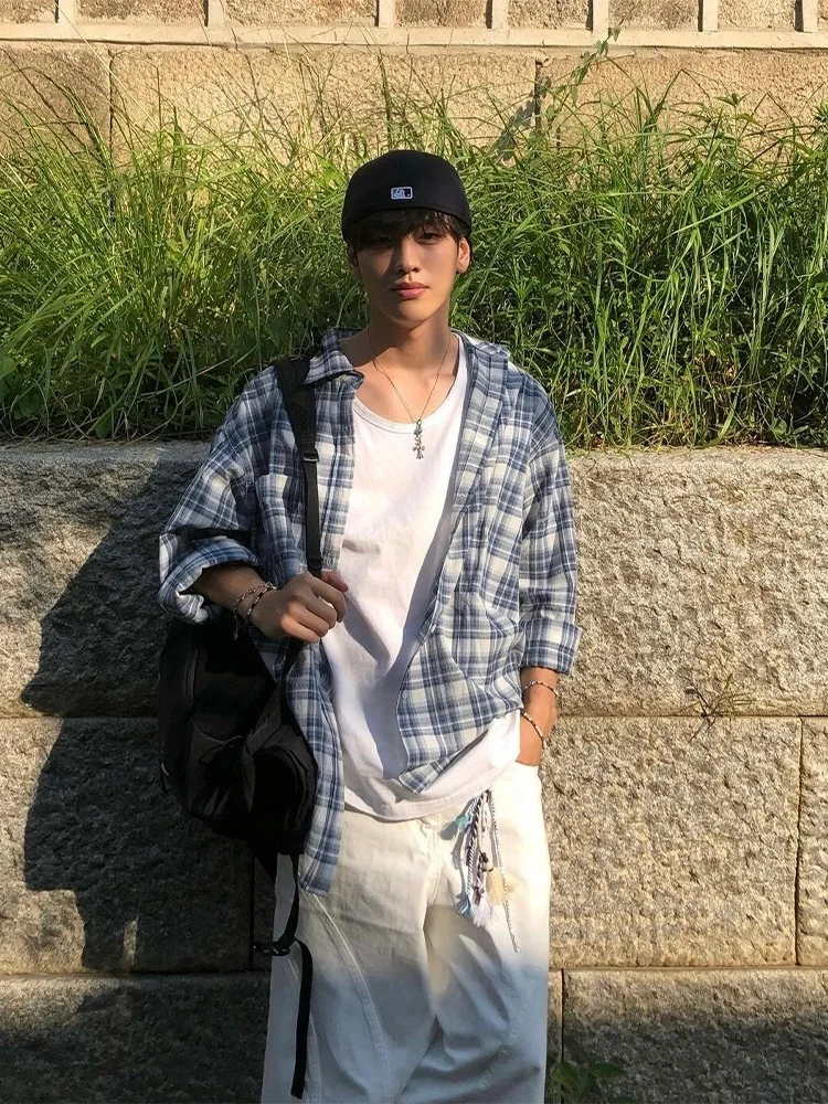 

Blue Plaid Long Sve Vintage irt Men's Spring Autumn Trendy High-End Feeling Casual Outerwear Polyester Fiber Moisture-Wi...