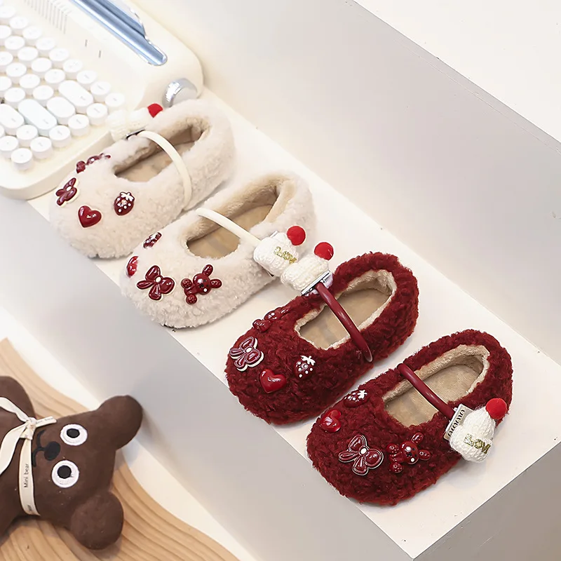Christmas & New Year 2025 Kids Flats, Red Warm Wool Cozy Winter Shoes, Anti-Skid Sole for Toddler Girls Boys, Festival Gifts (Sm