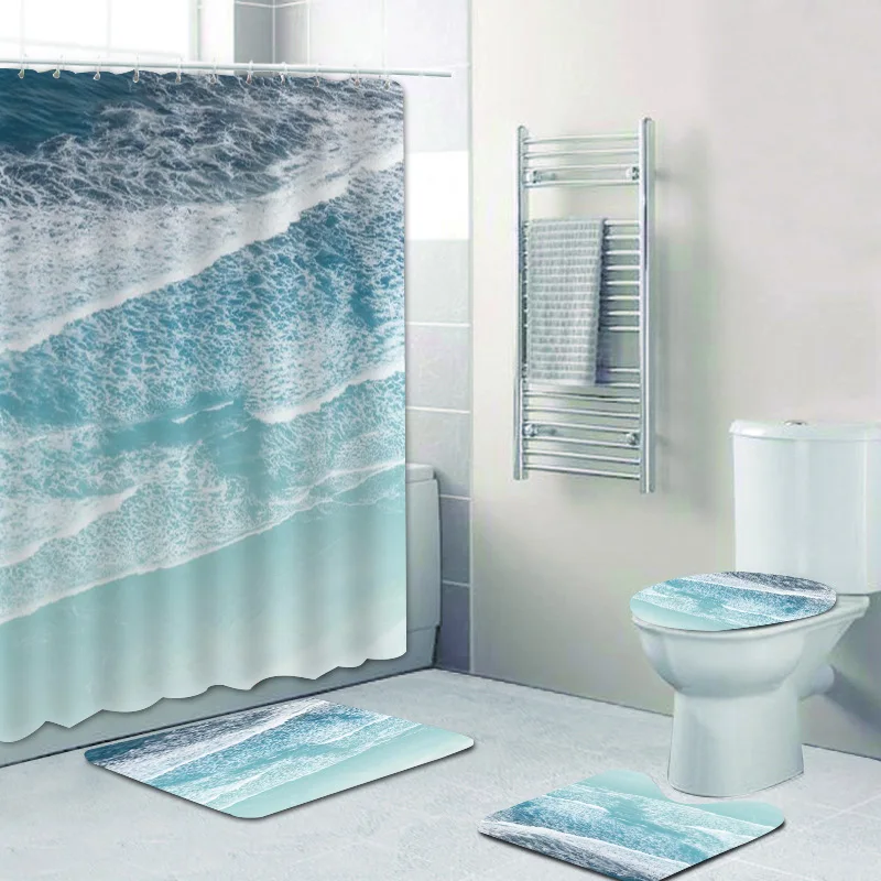 3D Dreamy Soft Turquoise Ocean Waves Sea Water Bathroom Shower Curtain Set for Bathtub Curtain Long Toilet Mats Rugs Home Decor