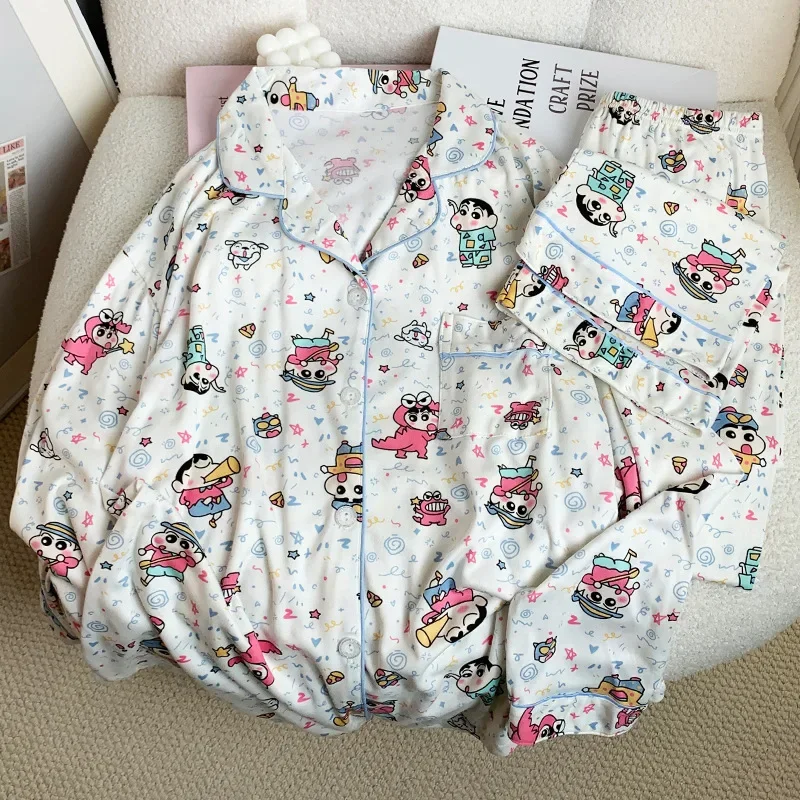 Kawaii Crayon Shin-chan 여성 잠옷 세트 귀여운 애니메이션 소녀 긴 소매 긴 바지 잠옷 만화 캐주얼 Homewear 세트 선물