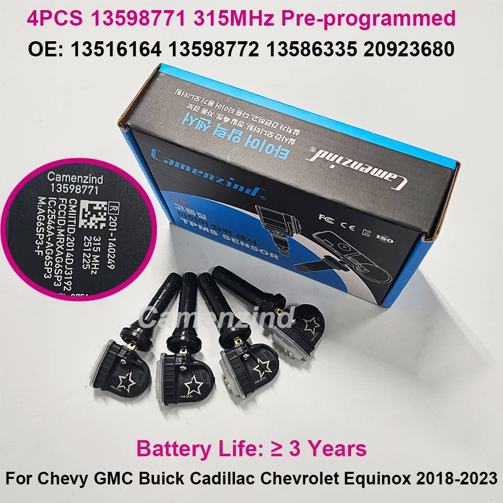 4 Uds Sensor TPMS 13598771 13598772 13586335 13540601 20923680 315MHz para Chevy GMC Buick Cadillac Chevrolet Equinox 2018-2023