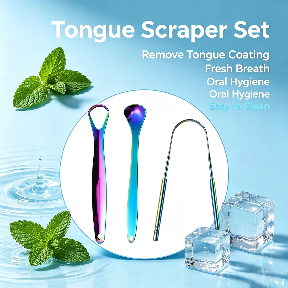Stainless Steel Tongue Scraper Set Reusable Oral Hygiene Tongue Cleaner Tongue Spoon Tool For Daily Fresh Breath Oral Care