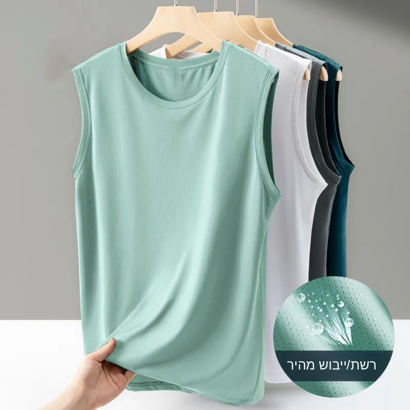 Men's Mesh Vest Thin Outdoor Sports T-Shirt Standard Fit No Brand Youth Summer Fashion Straight Hemline Flat Seams Pure Color