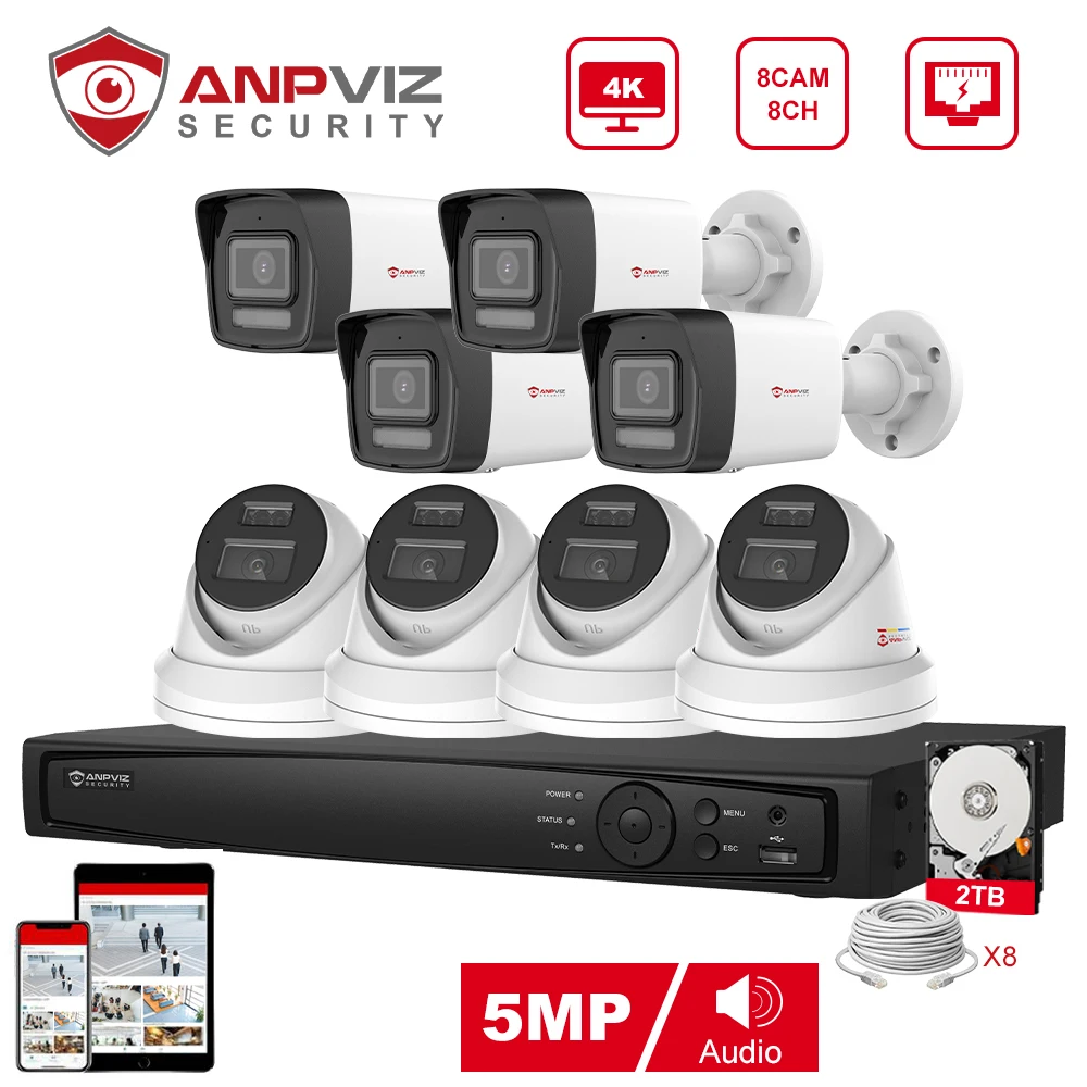 Anpviz 8CH 4K NVR 5MP POE IP Customized Camera Plug&Play System CCTV Outdoor Security Surveillance Kit Remote View H.265 IR 30m