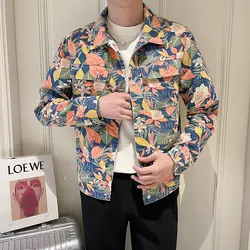 2026 Men's Red Printed Denim Jacket, Single Breasted Square Collar Coat, White Blue Trim, Asian Size M-4XL