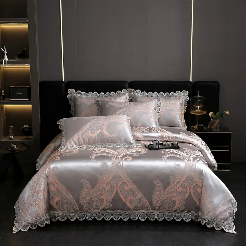 

Elegant Damask Fabric Jacquard Bedding Sets Chic Embroidery Lace Cotton Satin Duvet Cover Set Bedsheet Pillowcases Double Queen