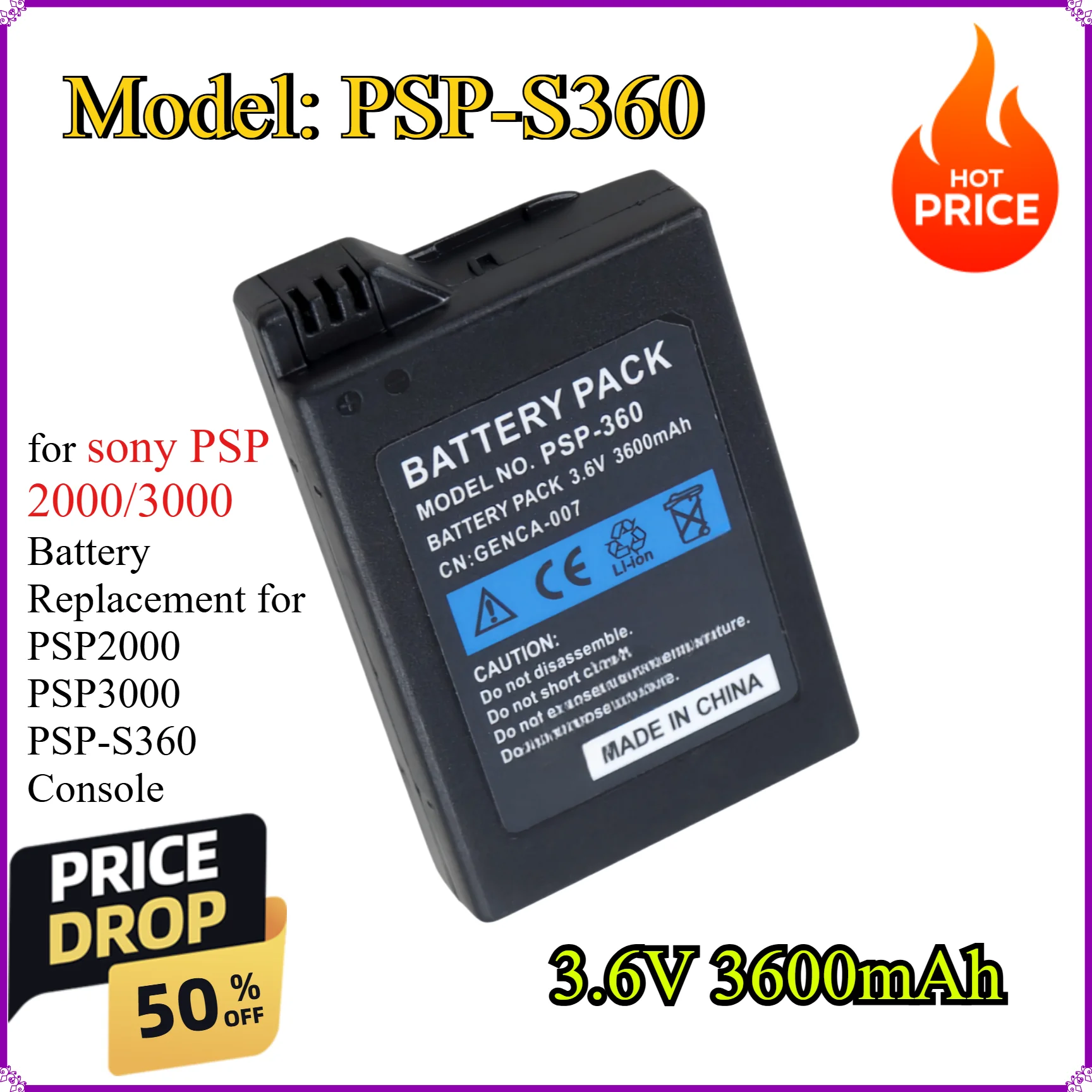 for sony PSP 2000/3000 Battery 3.6V 3600mAh Replacement for PSP2000 PSP3000 PSP-S360 Console
