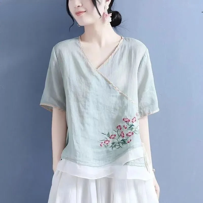 

Summer Literary Vintage Embroidery Short Sleeve Shirt Ladies Loose Casual Cotton Linen All-match Pullover Top Women Blouse P115