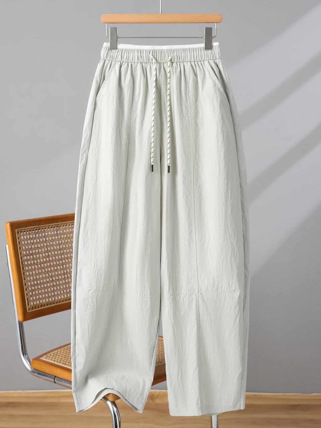 

Loose Fit Casual Pants Women's High Waist Dstring Nine Points Elastic Waist Wide Leg Straight Cut plus Size Trousers