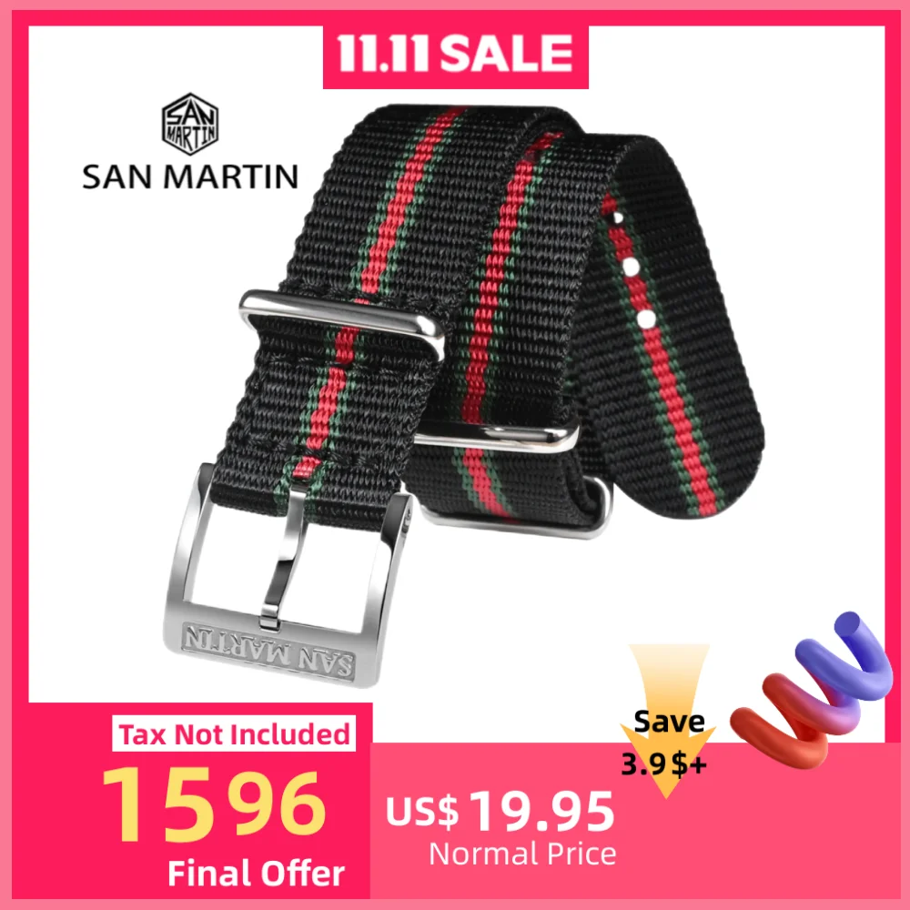 

San Martin 20mm Striped Pattern Nylon Replacement Watch Strap Logo Pin Buckle Watchband Fashion Correa Reloj BD0015
