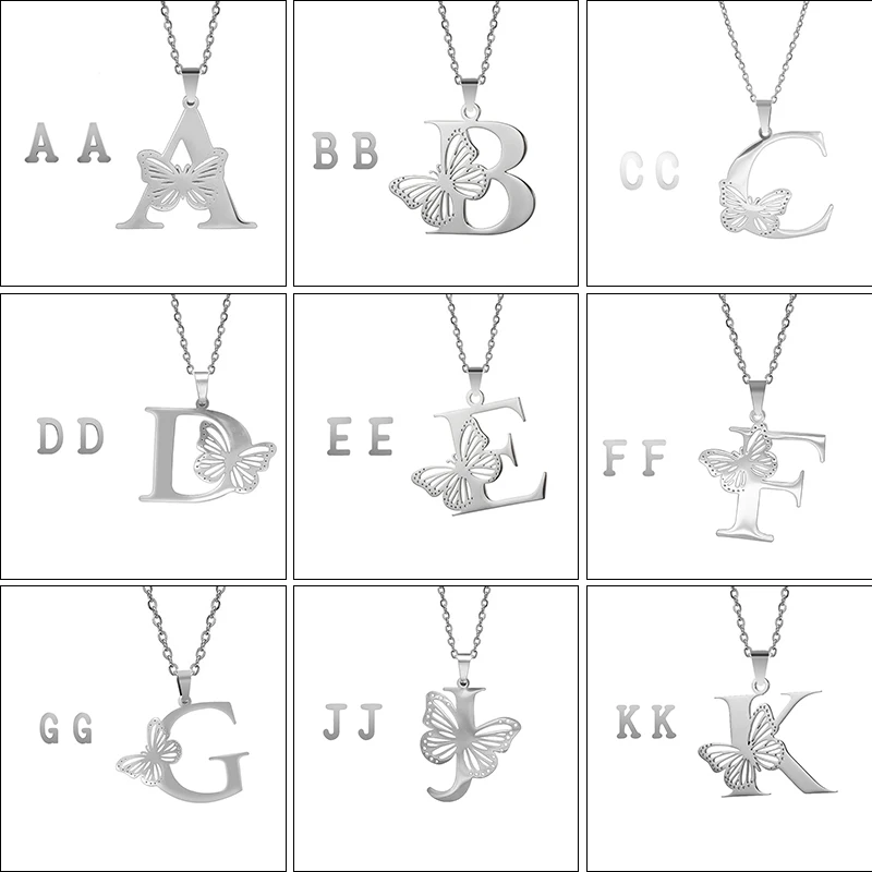 Dainty Big Hollow Butterfly Letters Necklace Personality Stainless Steel Silver Color Initial Pendant Collar Chain Women Jewelry