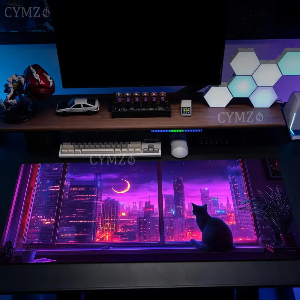 Black cat and urban nightscape Mouse Pad Desk Mat Non-Slip Durable office mouse mat gaming mats with Stitched Edge HD printing
