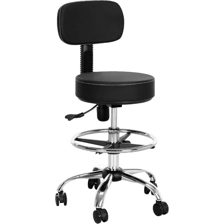 

Drafting Chair Stool with Back Support Height Adjustable Salon Bar Rolling Stool with Footrest Ring Comfy Swivel Task Home Desk