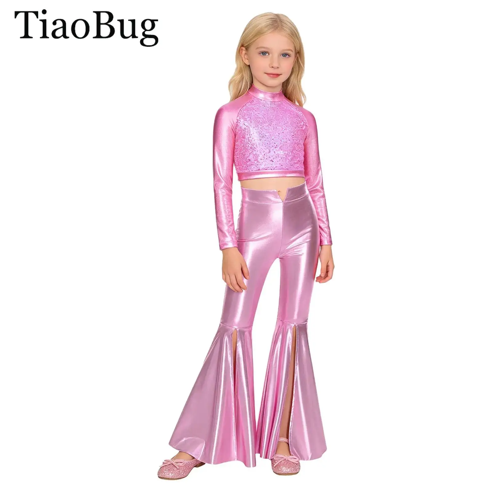 Kids Girls Shiny Disco Jazz Dance Costume Long Sleeve Metalic Sequin Crop Top Split Bell-Bottom Pants Hippie Ballroom Performace