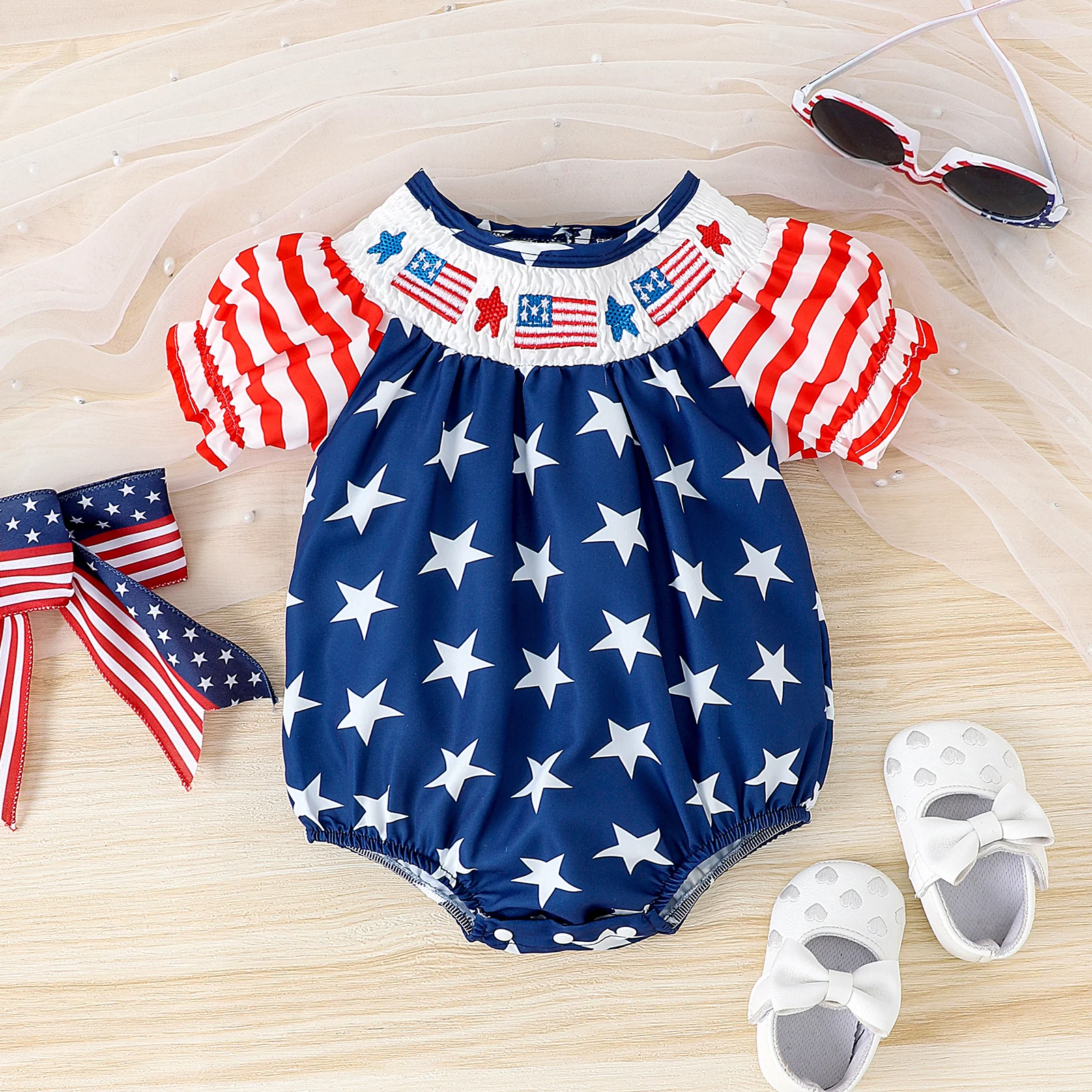 

0-3 Year-Old Men And Women Casual Style Five-Pointed Pattern Short-Sleeved Jumpsuit