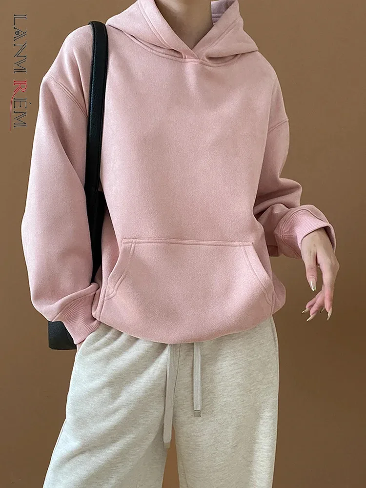 

[LANMREM] Pink Hooded Pullovers For Women Casual Loose Thick Warm Sweatshirt Minimalism Tops Female 2024 Winter New 26C829