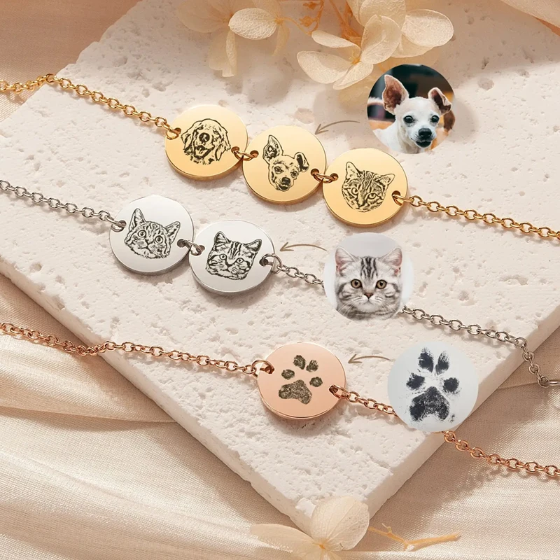 Custom Pet Bracelet Dog Portrait Bracelet Stainless Steel Engrave Cat Portrait Cat Paw Print Pet Jewelry Pet Loss Gift Pet Gifts