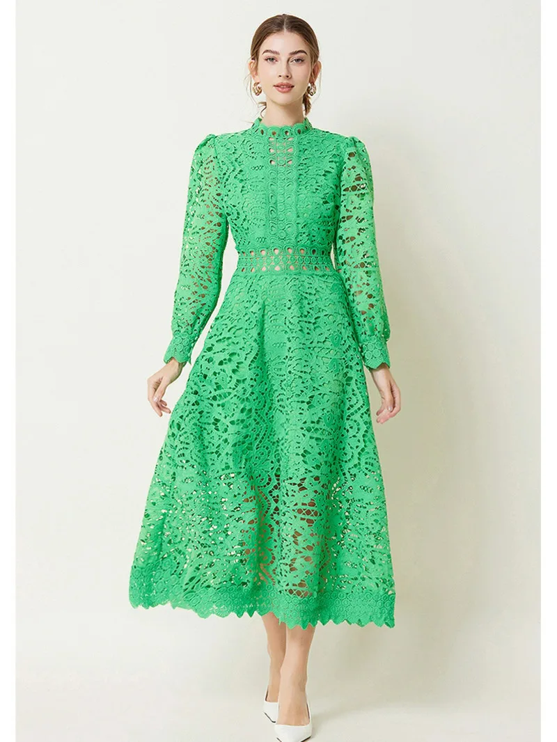 Robe vert violet pour femmes, col montant, manches longues, taille haute, découpée, couleur unie, robes mi-longues, vêtements féminins, nouvelle collection automne 2025 PA8W