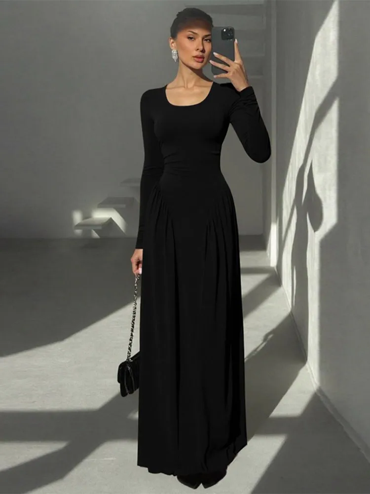 

Элегантное однотонное длинное платье с круглым вырезом, минималистичная облегающая юбка трапециевидной формы с высокой талией, повседневная сборка, универсальная новинка 2023 г.