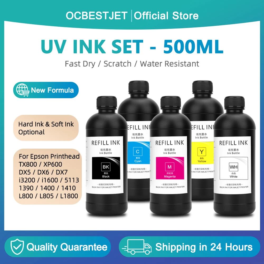 5Colors/Set 500ML LED UV Ink For Epson 1390 1400 1410 R280 R290 L800 L805 L1800 XP600 TX800 DX4 DX5 DX6 DX7 i3200 4720 i1600