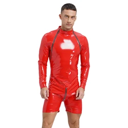 Sexy Mens Shiny Patent Leather Overall Bodysuit Zipper Boxer Wrestling Singlet Latex Catsuit Jumpsuit Wet Look Slim Fit Clubwear